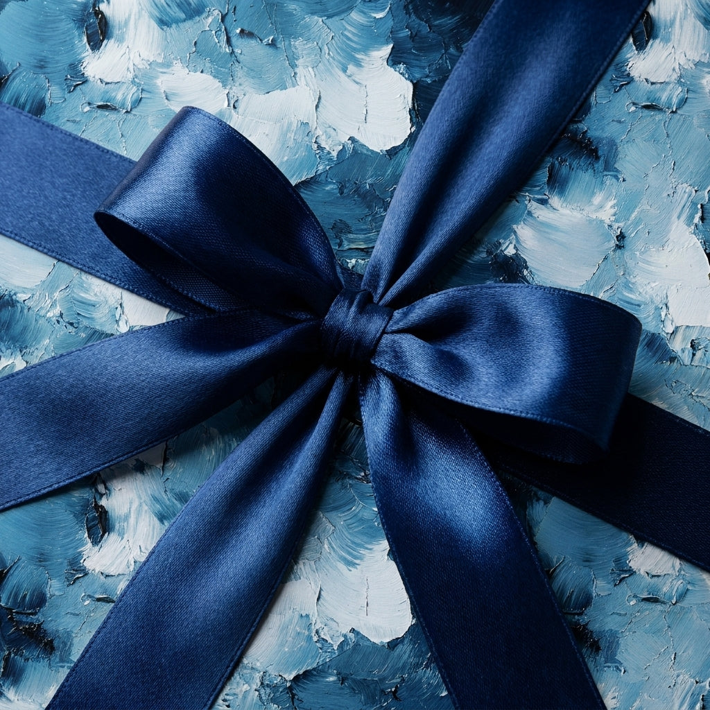 Luxury blue gift wrap with textured abstract oil painting design and a navy satin bow by Wrapped Studios.
