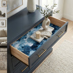 Luxury blue abstract wrapping paper by Wrapped Studios styled as a decorative drawer liner.
