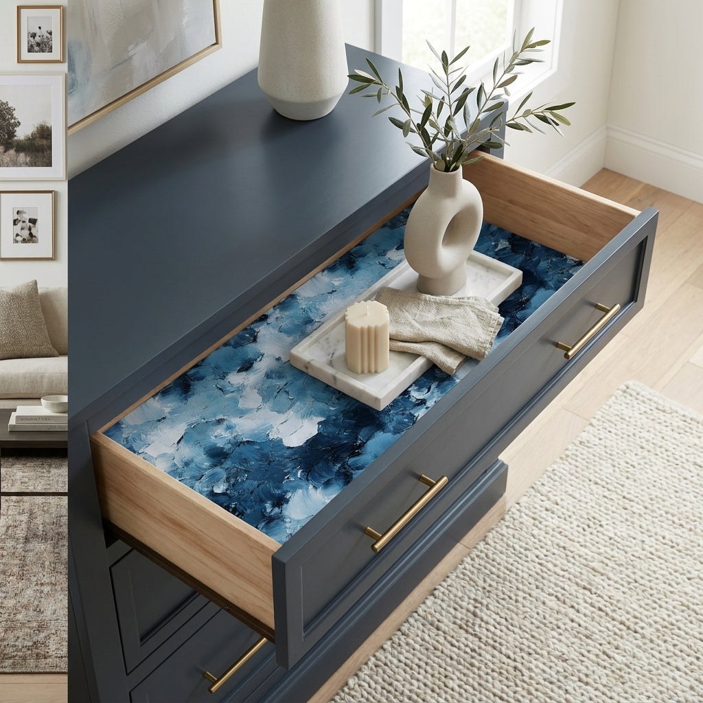 Luxury blue abstract wrapping paper by Wrapped Studios styled as a decorative drawer liner.