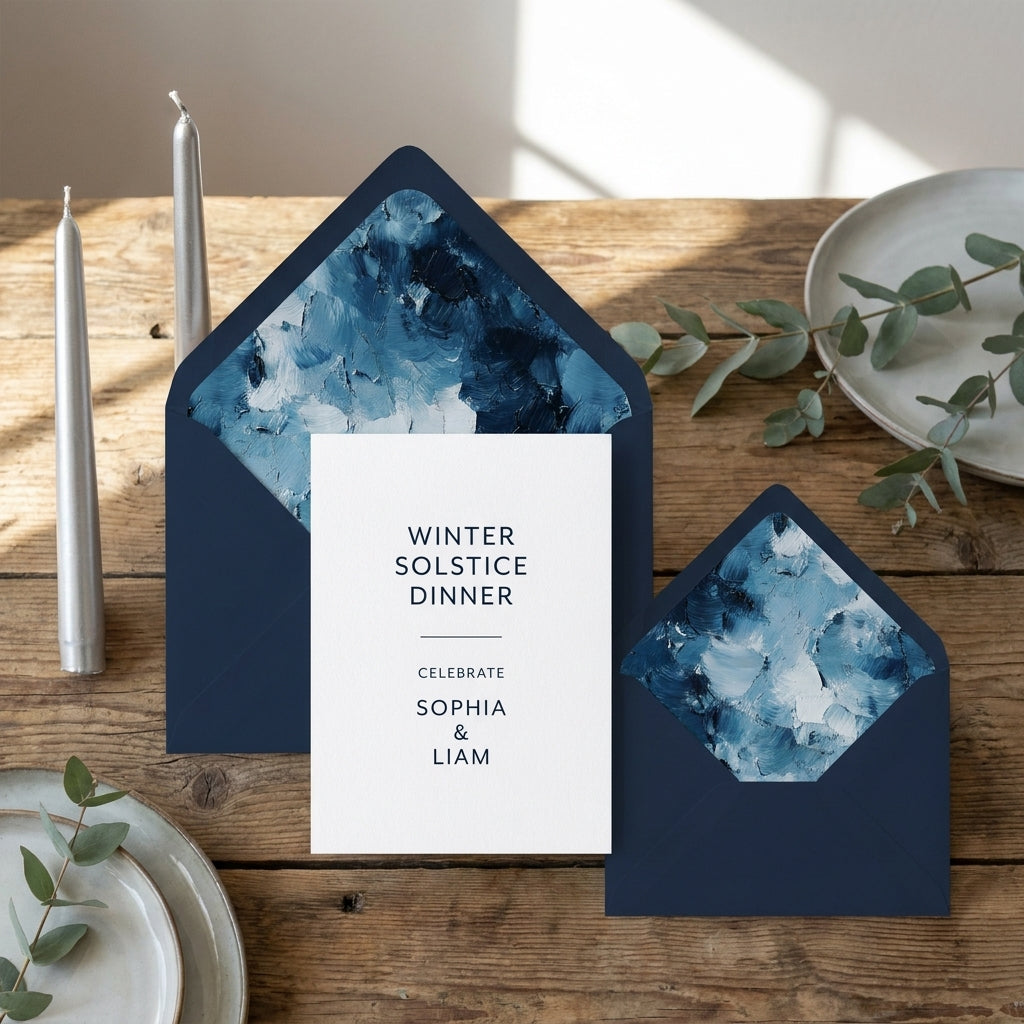 Elegant winter solstice dinner invitation with navy envelopes and blue painted liners by Wrapped Studios.