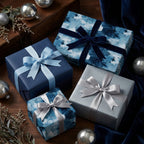 Elegant blue and silver luxury gift wrap with velvet ribbons on Christmas presents by Wrapped Studios.