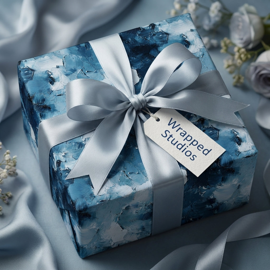 Luxury blue abstract wrapping paper with silver satin ribbon and Wrapped Studios gift tag.