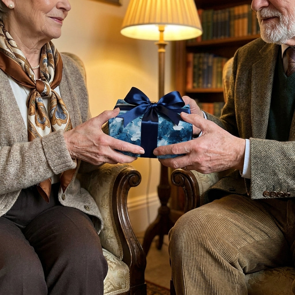 Elderly couple sharing an anniversary gift in luxury blue wrapping paper by Wrapped Studios.