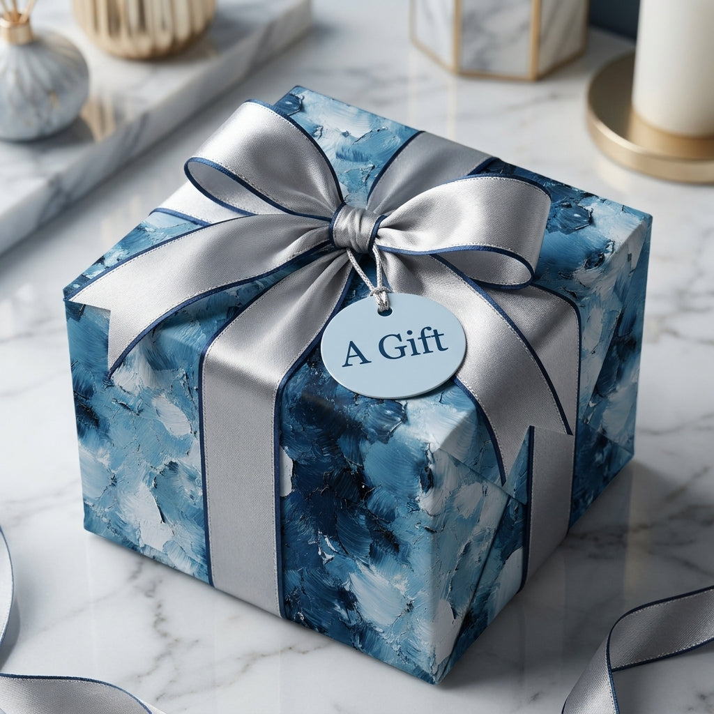 Luxury blue abstract wrapping paper with a silver satin bow on a gift box by Wrapped Studios.