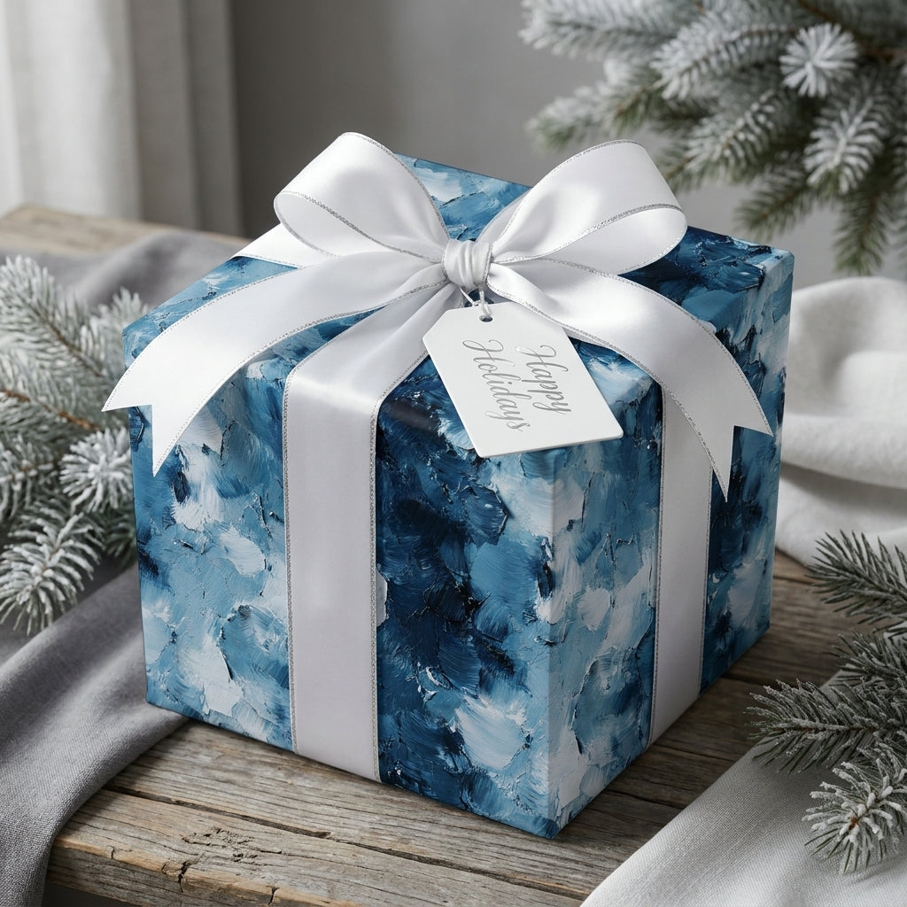 Luxury blue Christmas gift wrap with abstract brushstrokes and white satin bow by Wrapped Studios.