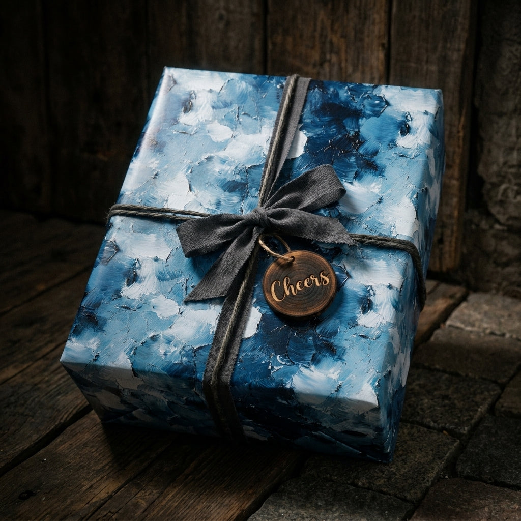 Blue abstract wrapping paper by Wrapped Studios on a gift box with a grey ribbon and wooden Cheers tag.