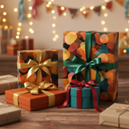 Vibrant, modern birthday wrapping paper with abstract colorful circles and festive ribbons for luxury gift presentation.