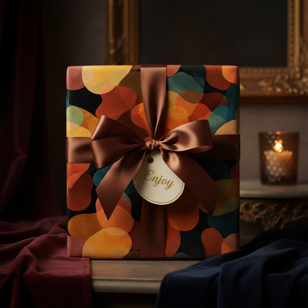 Modern abstract wrapping paper with warm orange, brown, and teal shapes, tied with a luxurious satin brown ribbon and "Enjoy" tag.