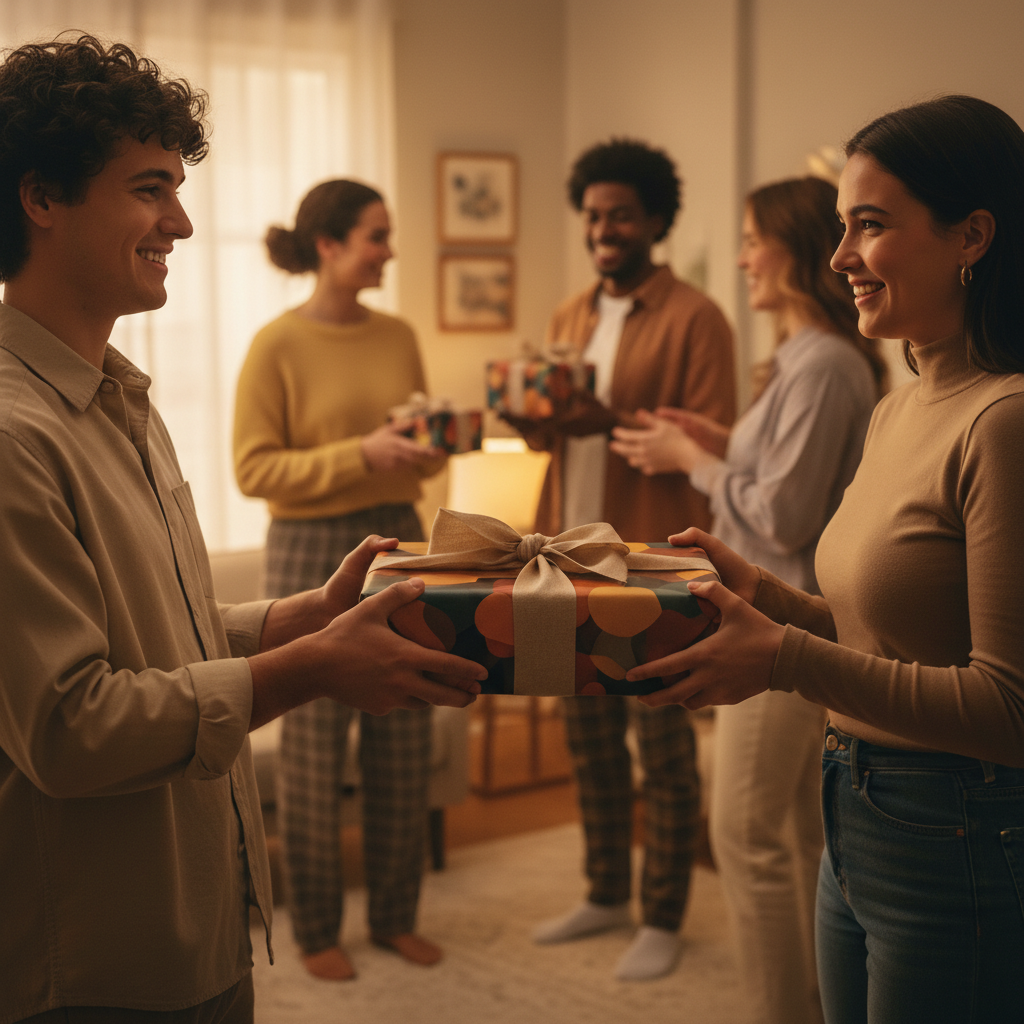 Joyful friends exchange gifts; a man hands a woman a present wrapped in colorful abstract birthday wrapping paper with a gold ribbon.