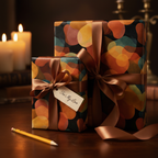 Elegant luxury gift wrap with an abstract multicolor dot pattern and brown satin ribbon, perfect for a romantic or special occasion.