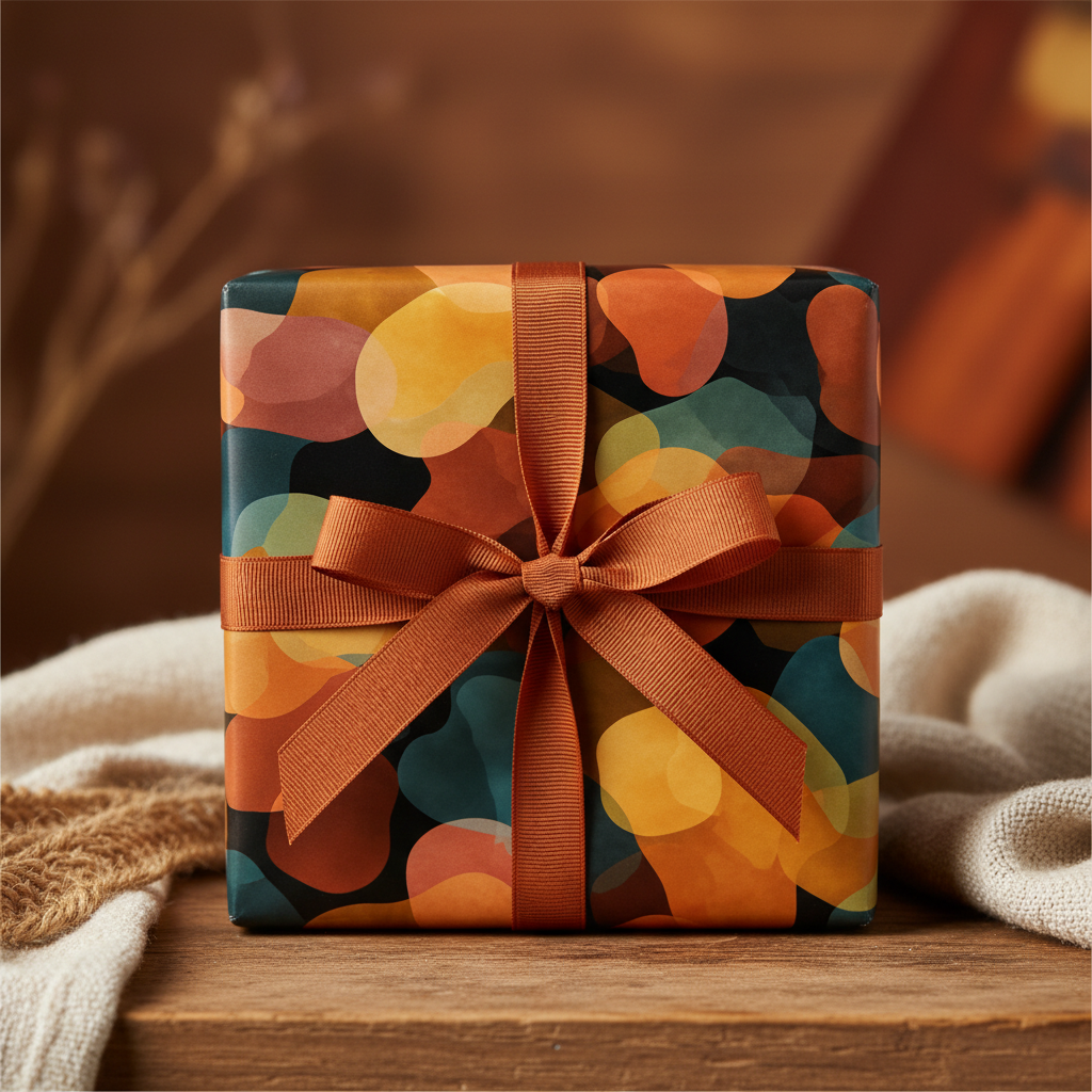 Modern abstract wrapping paper with orange, yellow, and teal shapes, tied with a rustic brown ribbon, perfect for birthday or holiday gifts.
