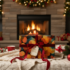 Modern holiday wrapping paper with colorful bokeh dots, tied with a luxurious red velvet ribbon and a "Happy Holidays" tag, set before a cozy fireplace.