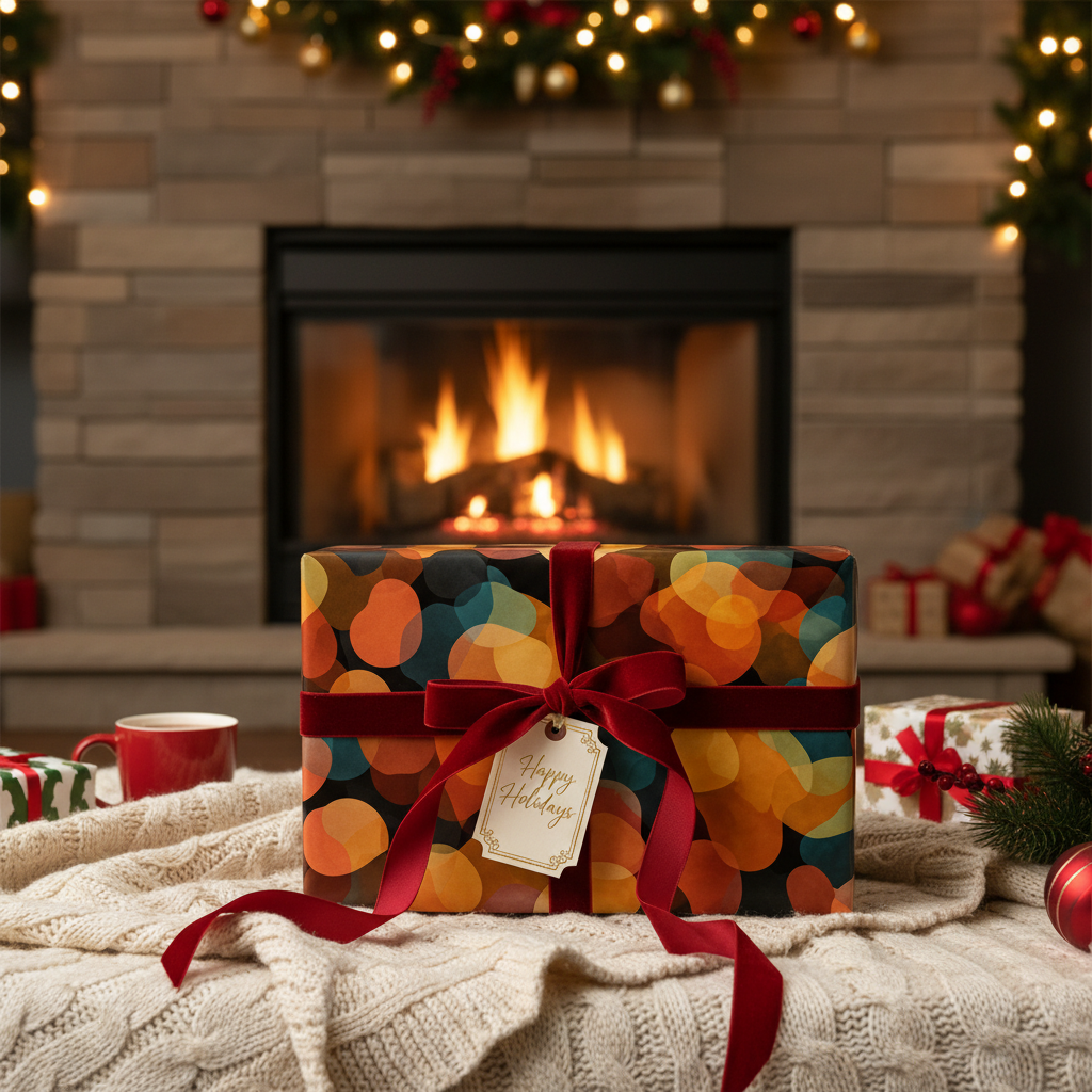 Modern holiday wrapping paper with colorful bokeh dots, tied with a luxurious red velvet ribbon and a "Happy Holidays" tag, set before a cozy fireplace.