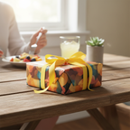Modern abstract wrapping paper with a vibrant orange, yellow, and blue geometric pattern and a bright yellow ribbon, perfect for a birthday gift.