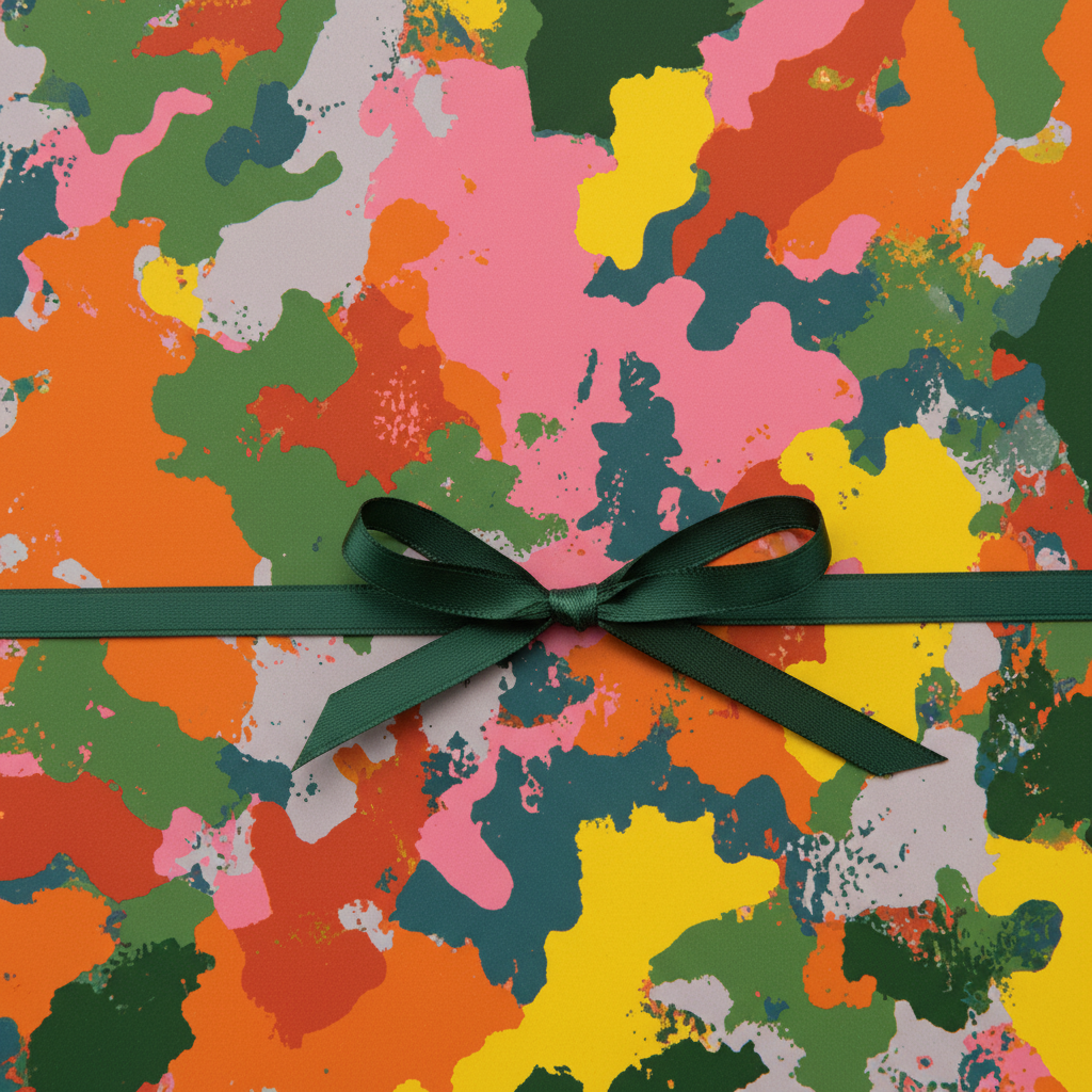 Abstract birthday wrapping paper with green ribbon bow; colorful gift wrap for celebrations.