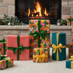 Stylish gifts wrapped in colorful floral and solid wrapping paper with ribbon bows, arranged by a cozy fireplace.