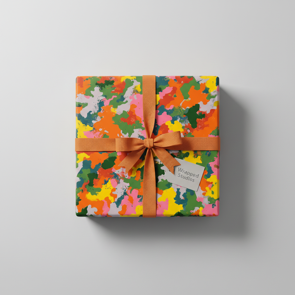 Colorful abstract gift wrap with orange ribbon and bow, perfect for birthday or any celebration.