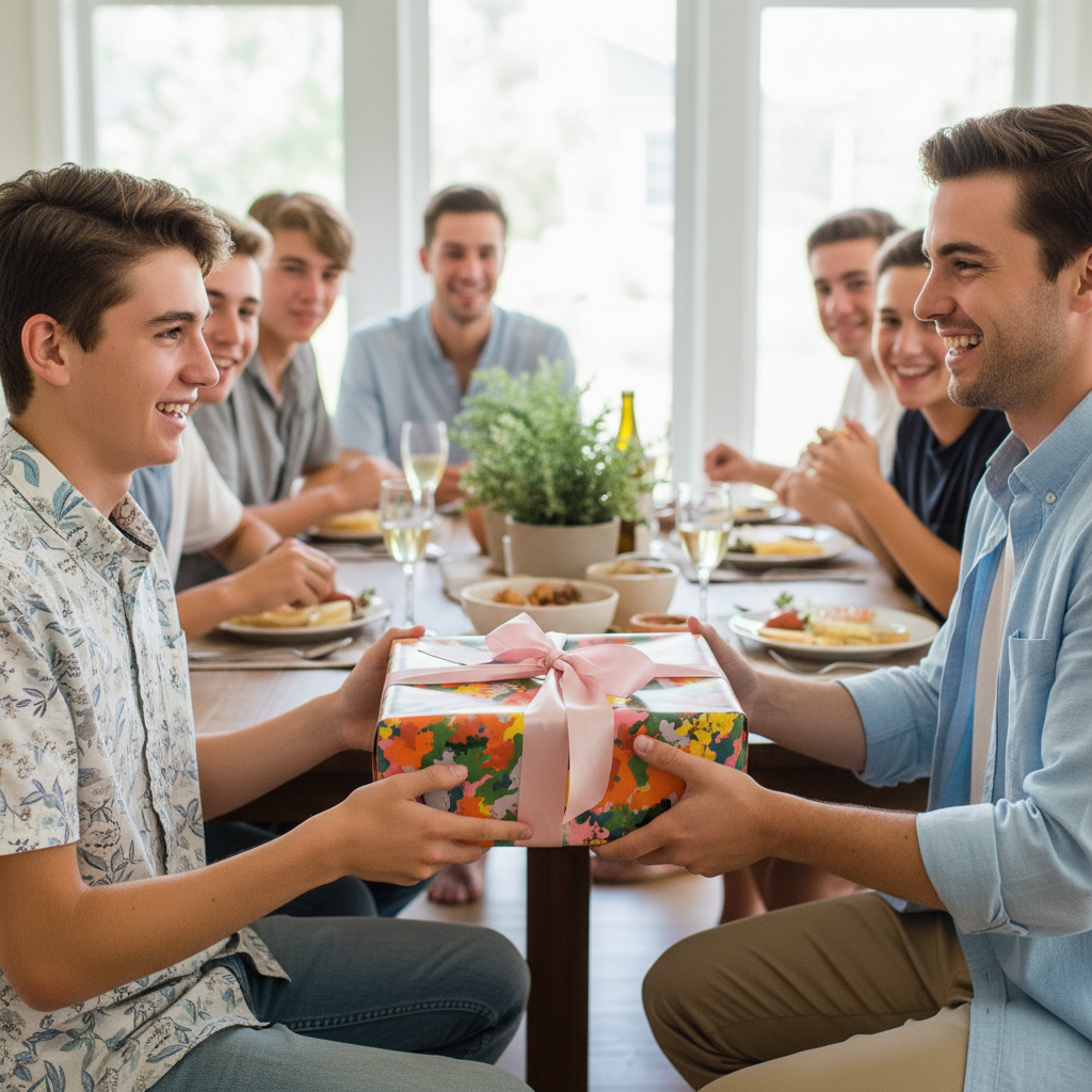 Teen receiving birthday wrapping paper with a floral pattern & pink ribbon at a family dinner.