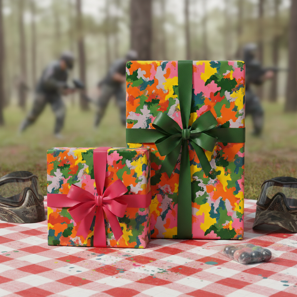 Gifts wrapped in colorful camo pattern wrapping paper with green and pink ribbon; paintball party theme.