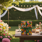Colorful abstract floral wrapping paper on a gift with green ribbon; outdoor party setting.