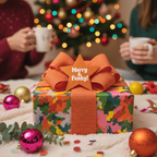 Funky Christmas gift wrap with colorful abstract pattern, orange ribbon and star, in cozy holiday scene.