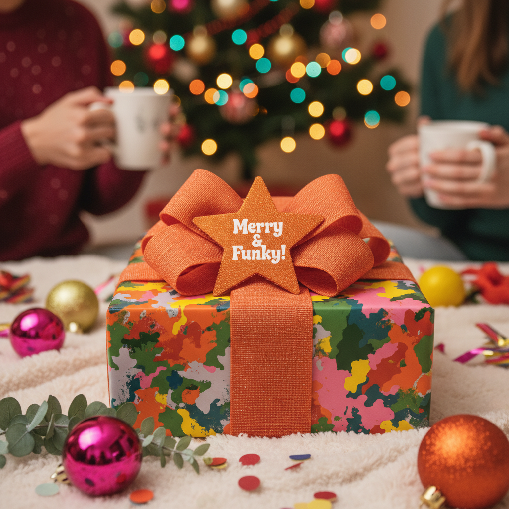 Funky Christmas gift wrap with colorful abstract pattern, orange ribbon and star, in cozy holiday scene.