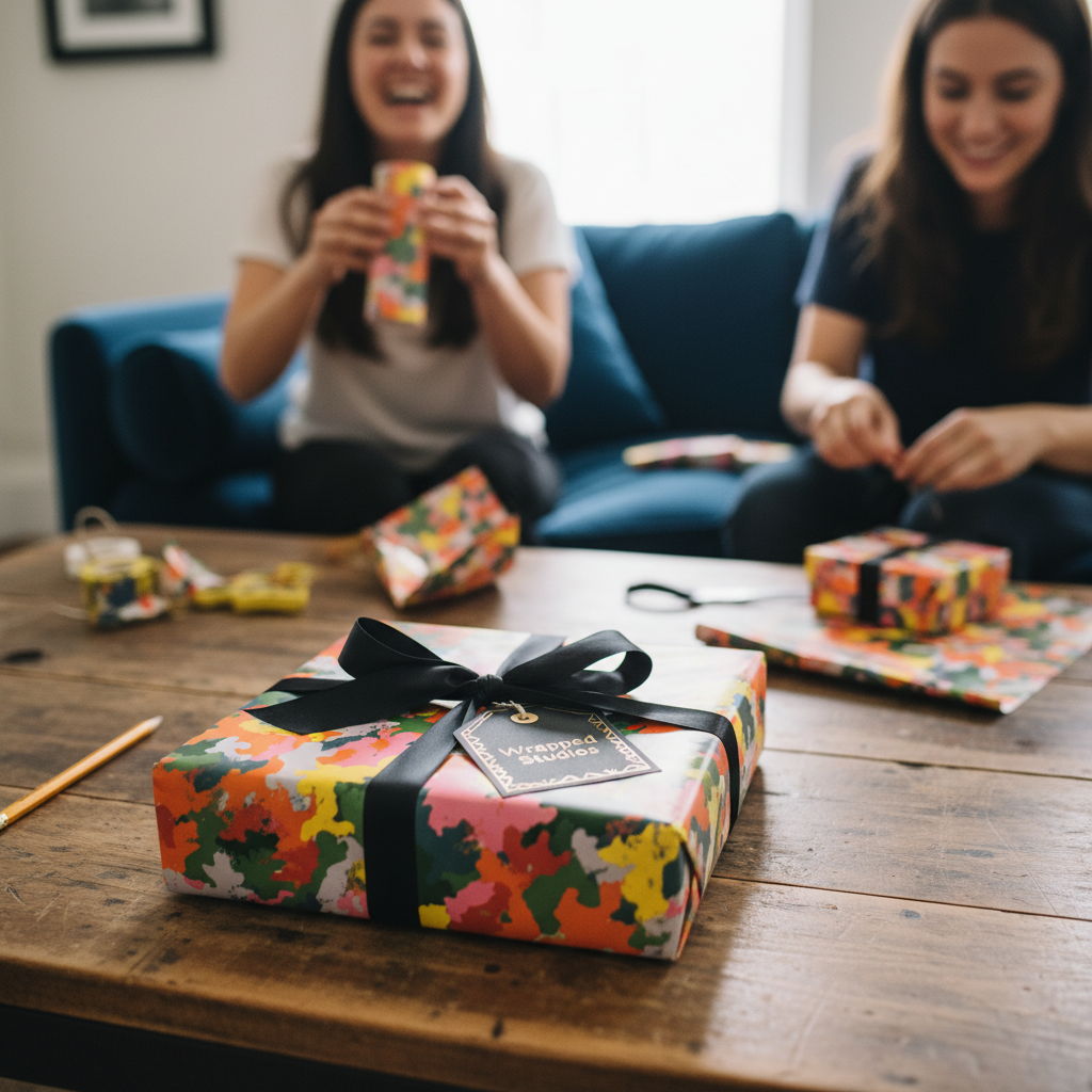 People wrapping gifts using colorful floral wrapping paper with a black ribbon for a birthday celebration.