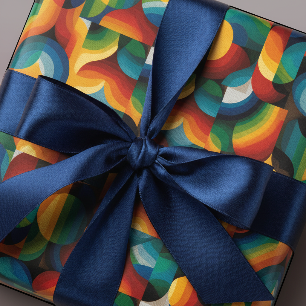 Modern gift wrap with geometric rainbow design and a navy blue satin ribbon.