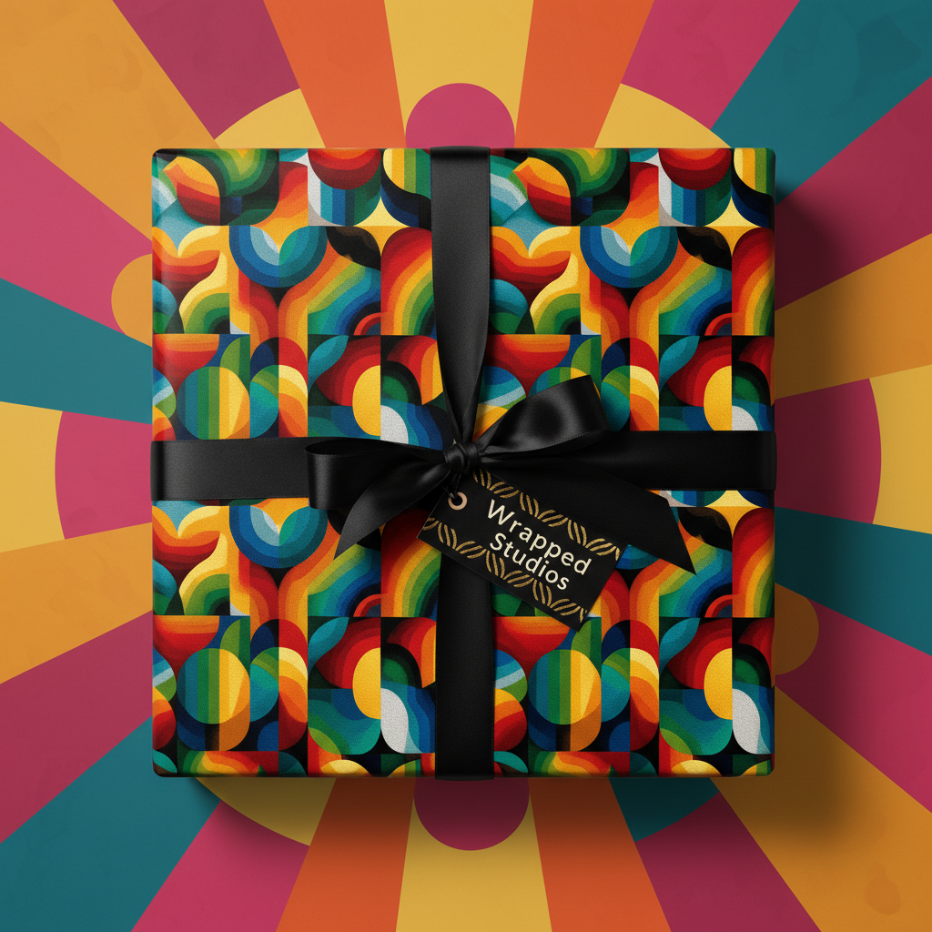 Square gift box in bold, geometric wrapping paper with black ribbon, perfect for birthday gifts.