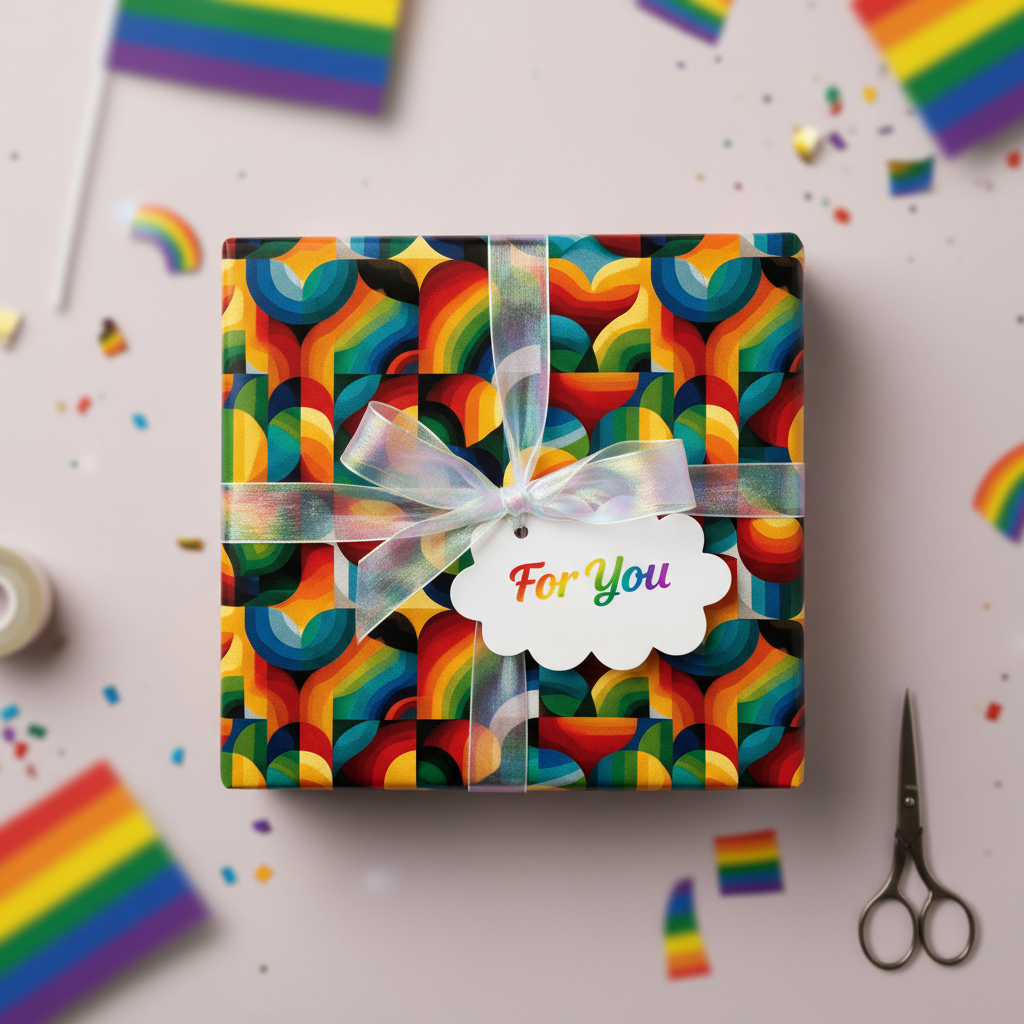 Gift box with rainbow geometric wrapping paper, tied with a sheer ribbon and a "For You" tag.