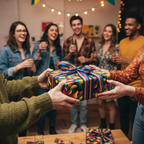 Hands exchange a vibrant retro-patterned gift box with a rainbow striped ribbon at a festive gathering.
