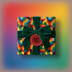Retro-style gift wrapped in colorful geometric wrapping paper with a green velvet ribbon and a "Joyful Times" tag.