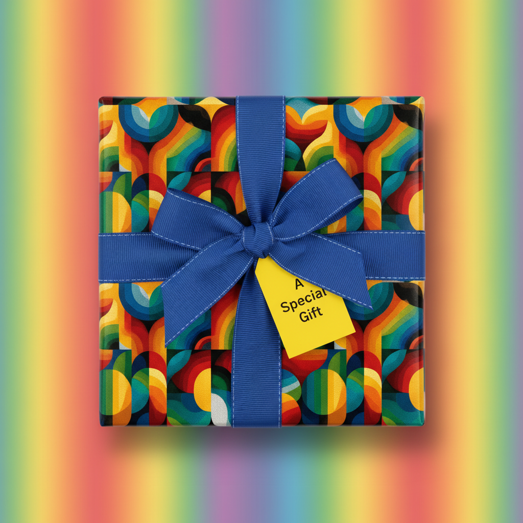Square gift wrapped in colorful retro wrapping paper with a blue ribbon and a gift tag that says "A Special Gift."