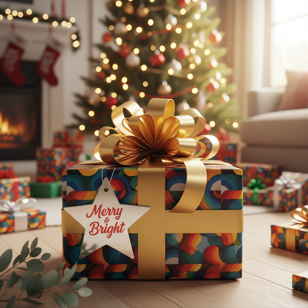 Christmas gift with retro wrapping paper, gold ribbon, and a star tag in a cozy holiday living room scene.