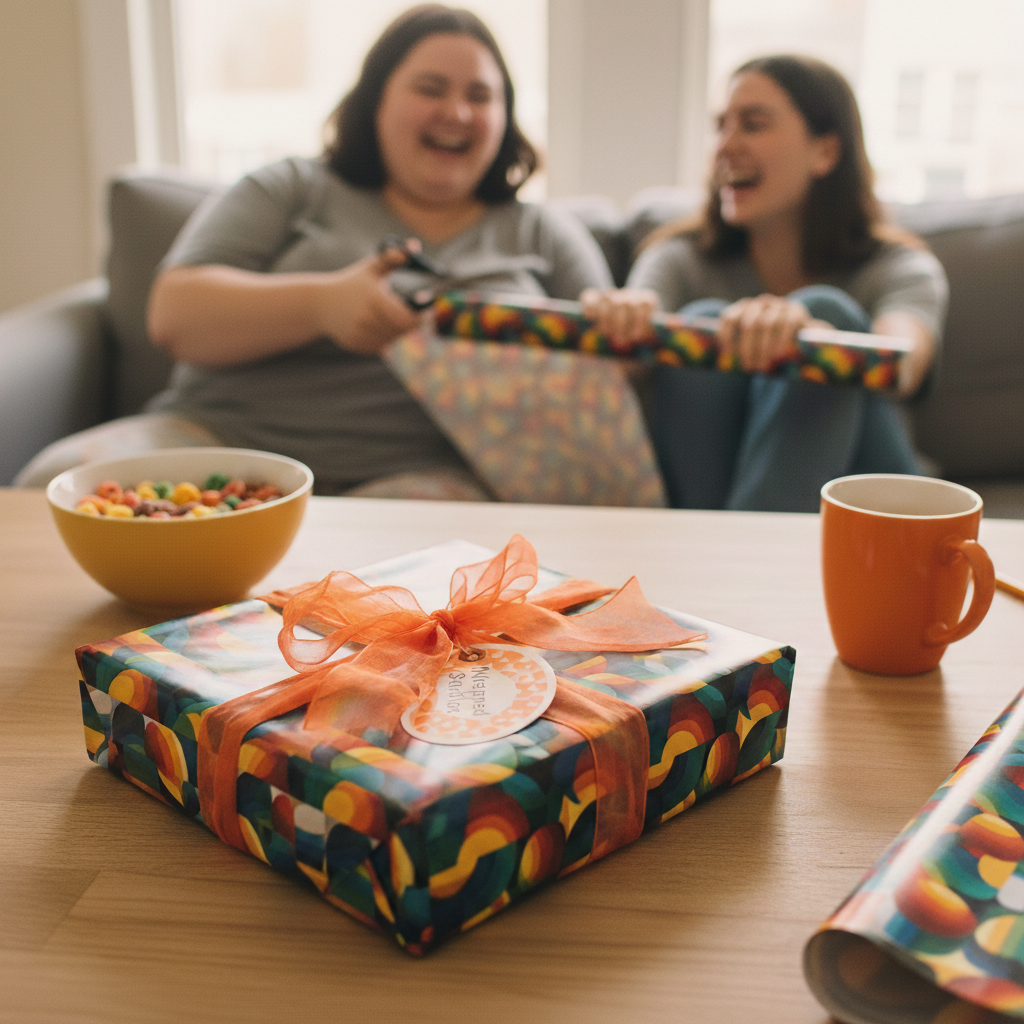 Funky retro wrapping paper on a birthday gift with an orange ribbon, being opened by happy women.