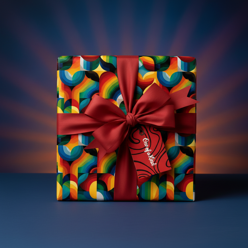 Gift wrapped in colorful retro geometric wrapping paper with a red satin ribbon and bow.