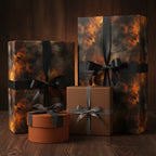 Elegant presents wrapped in abstract, dark-orange wrapping paper with black ribbon bows, on a wood surface.