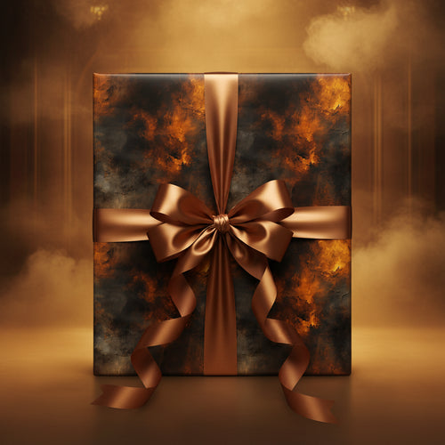Elegant gift with bronze ribbon and abstract wrapping paper for luxury gift-giving.