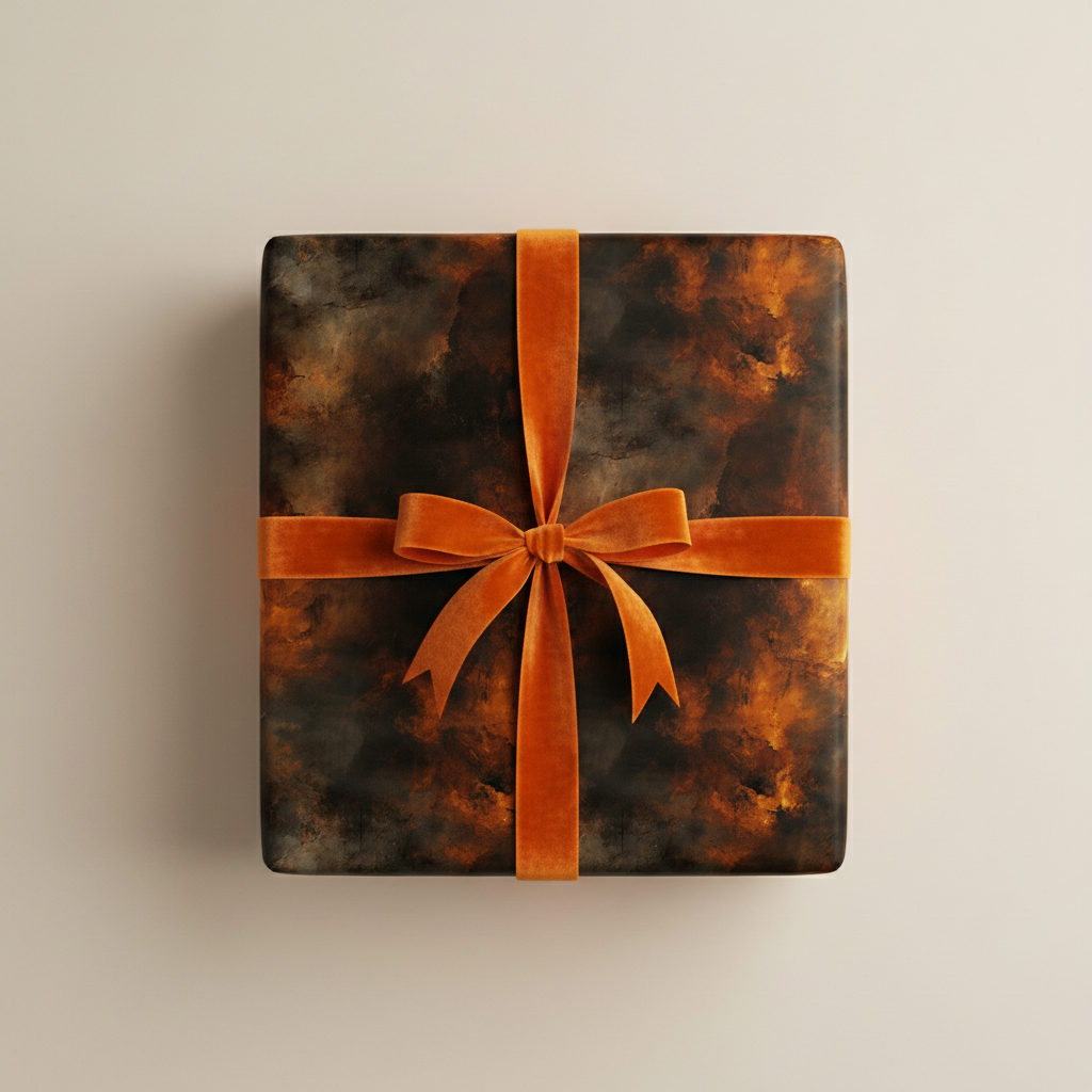 Elegant gift wrapped in brown marble wrapping paper with a burnt orange velvet ribbon.