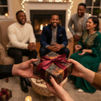 Giving a present wrapped in decorative gift wrap with a maroon bow; celebratory moment.