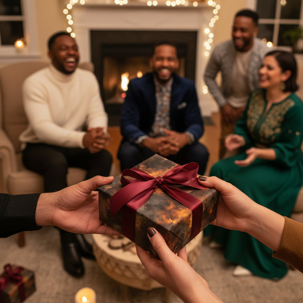 Giving a present wrapped in decorative gift wrap with a maroon bow; celebratory moment.