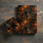 Abstract wrapping paper, dark bronze and black tones, with twine and ribbon on gift boxes.