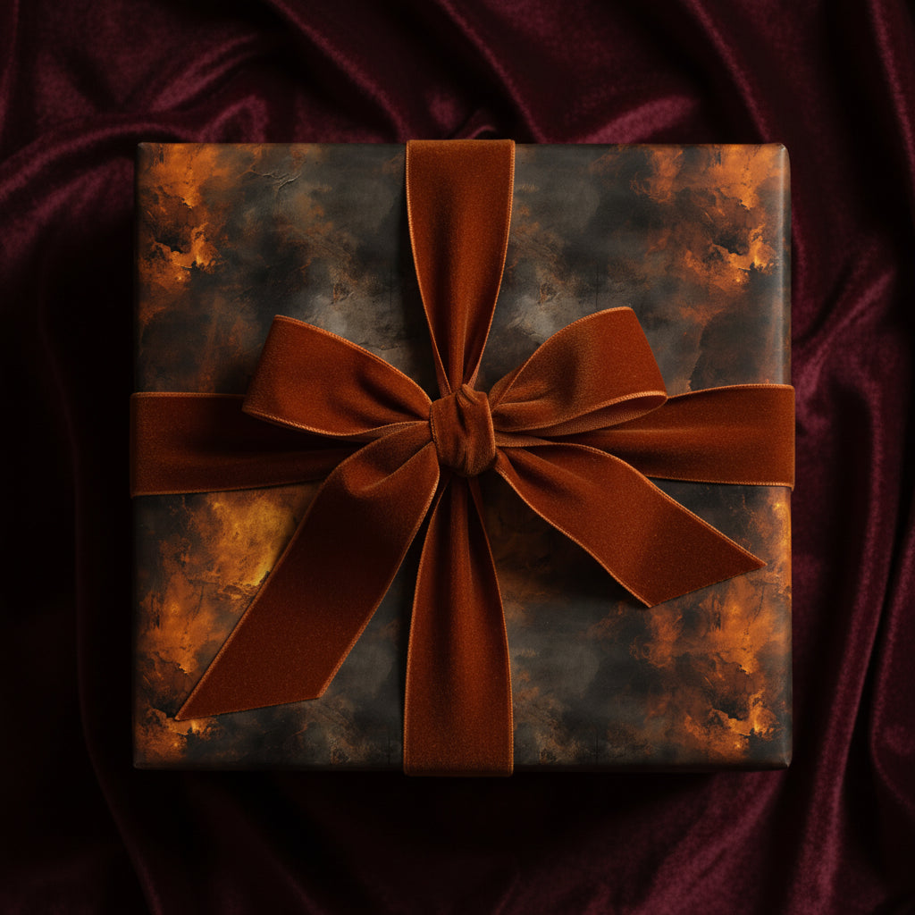 Elegant gift wrapped in abstract brown and black wrapping paper, finished with a velvet ribbon bow.