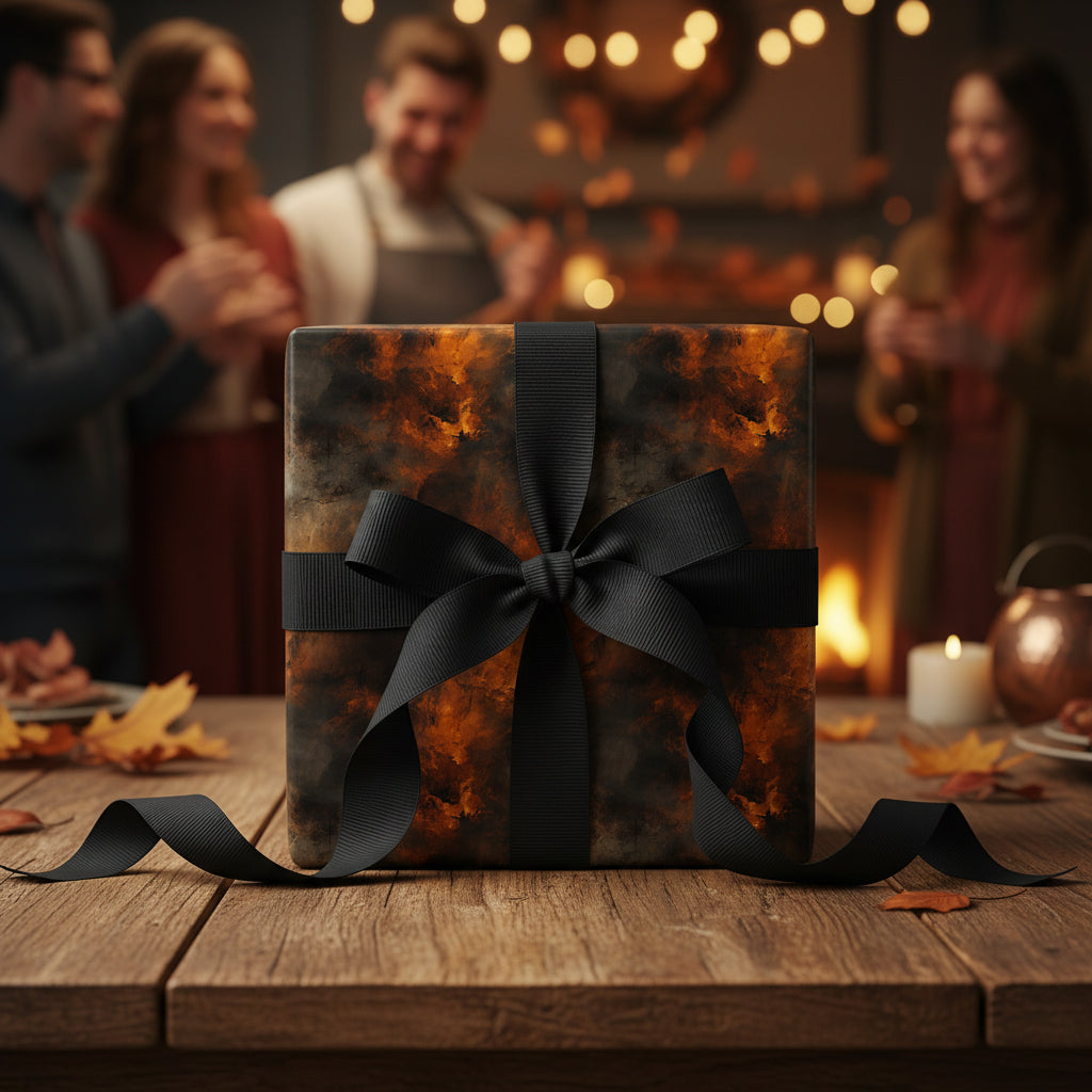 Elegant gift wrapped in autumn-colored paper with a black ribbon, perfect for Thanksgiving or a fall birthday.