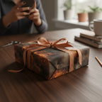 Abstract dark wrapping paper with copper ribbon on a rectangular gift box.