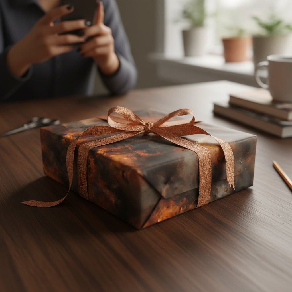 Abstract dark wrapping paper with copper ribbon on a rectangular gift box.