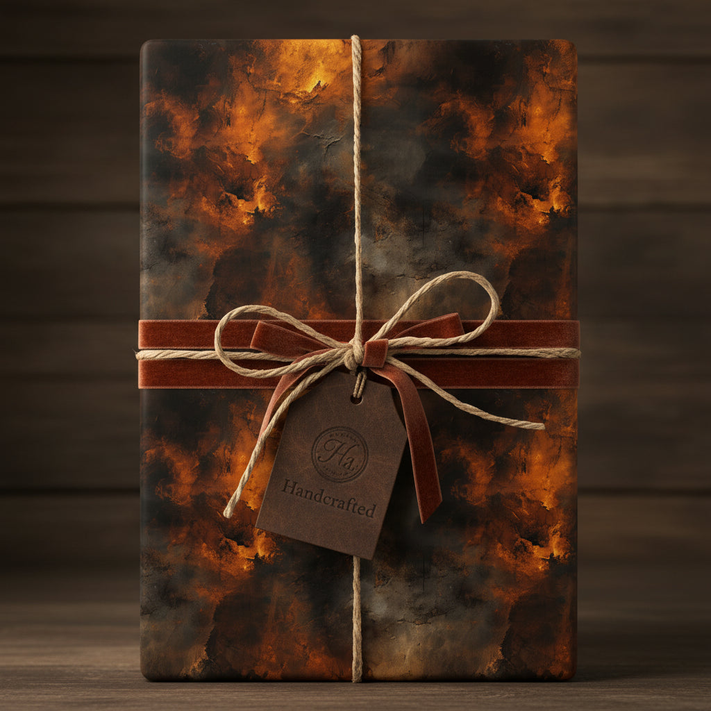 Elegant gift wrapped in textured black and gold paper with brown velvet ribbon and "Handcrafted" tag.