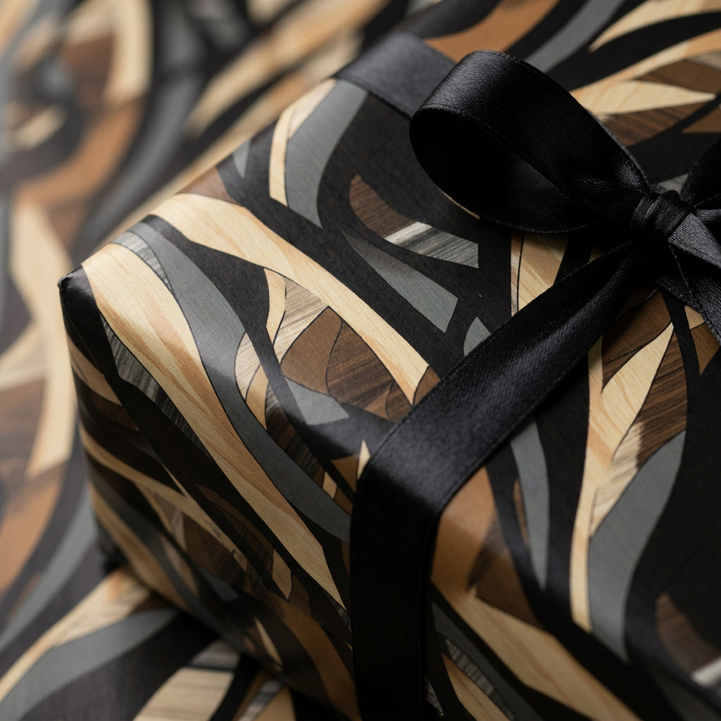 Modern abstract wrapping paper in tan, gray, and black, tied with a black satin ribbon.