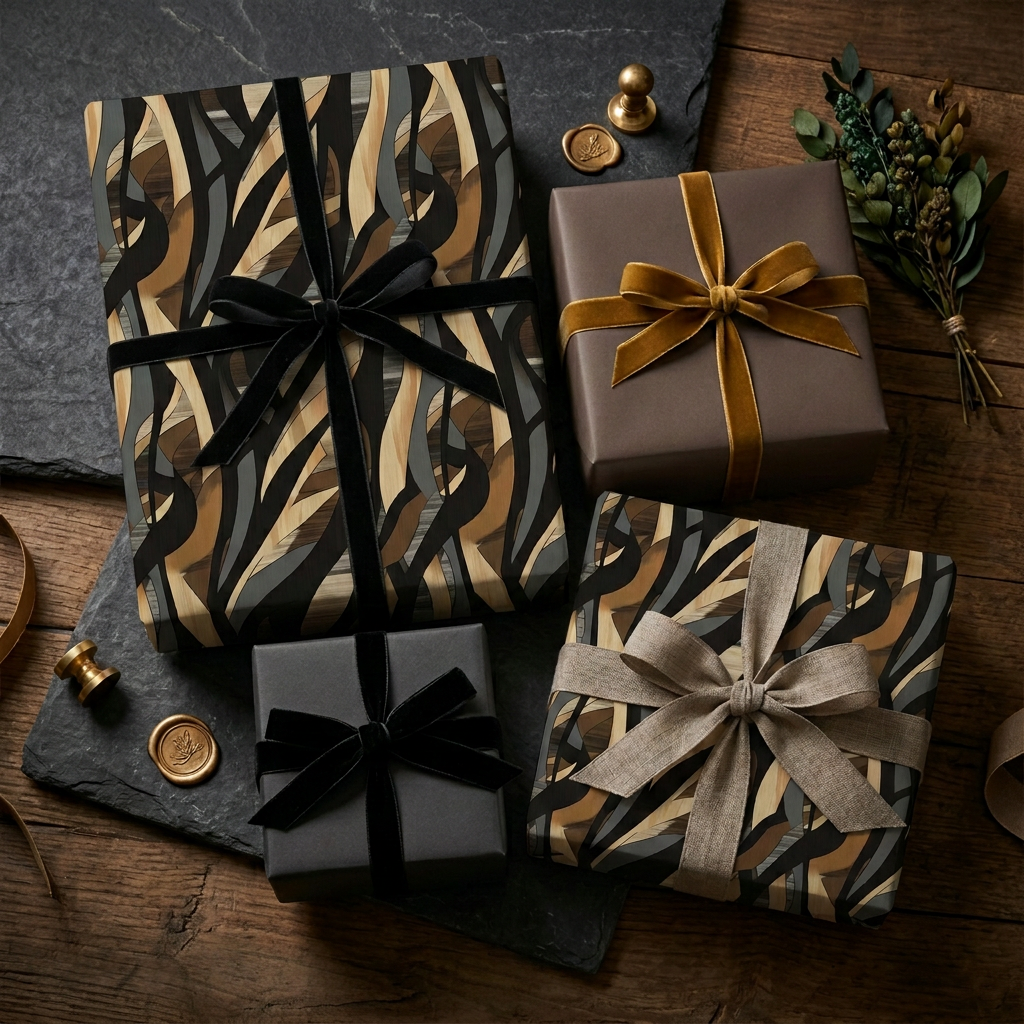 Elegant gifts wrapped in modern, abstract patterned paper with velvet ribbon accents.