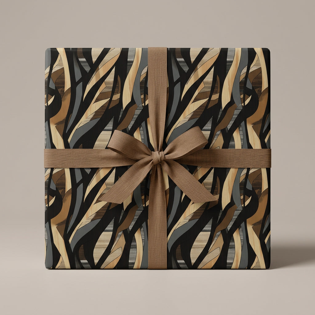 Abstract patterned gift wrapped in luxury wrapping paper with a brown ribbon.